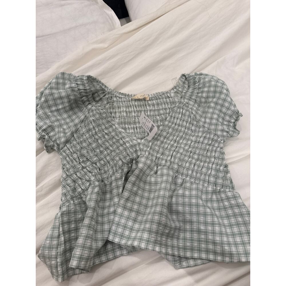 PacSun la hearts smocked flowy green and white plaid blouse top new with tags